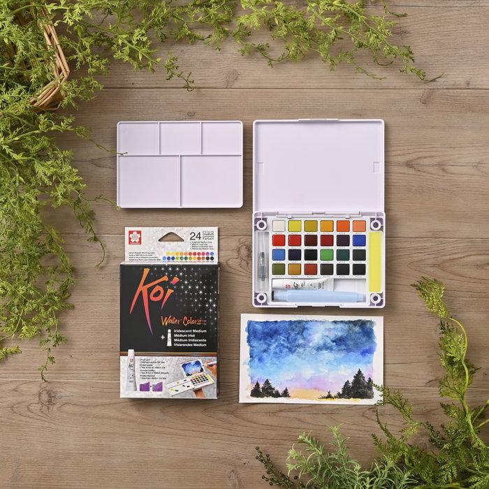 Sakura Koi Water Colors Pocket Field Sketch Box con 24 medias pastillas y medio iridiscente